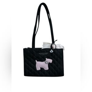 My Flat in London Black Quilted Tote with Pink Dog Applique and Bow Charm